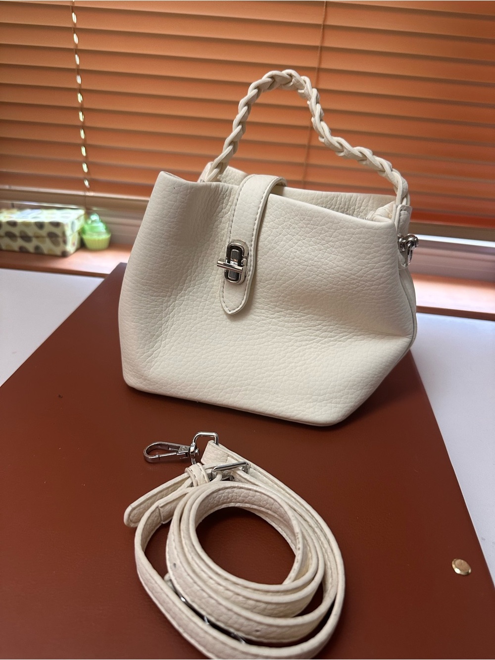 Cream Leather Top-Handle Shoulder Bag